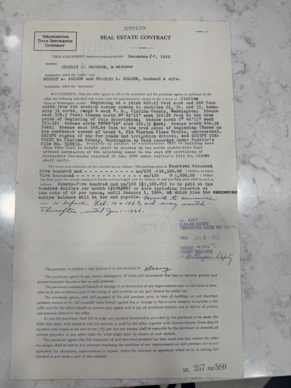 A 1962 real estate contract detailing the sale between Stanley G. Brokaw and the Wilsons in Clallam County, Washington.