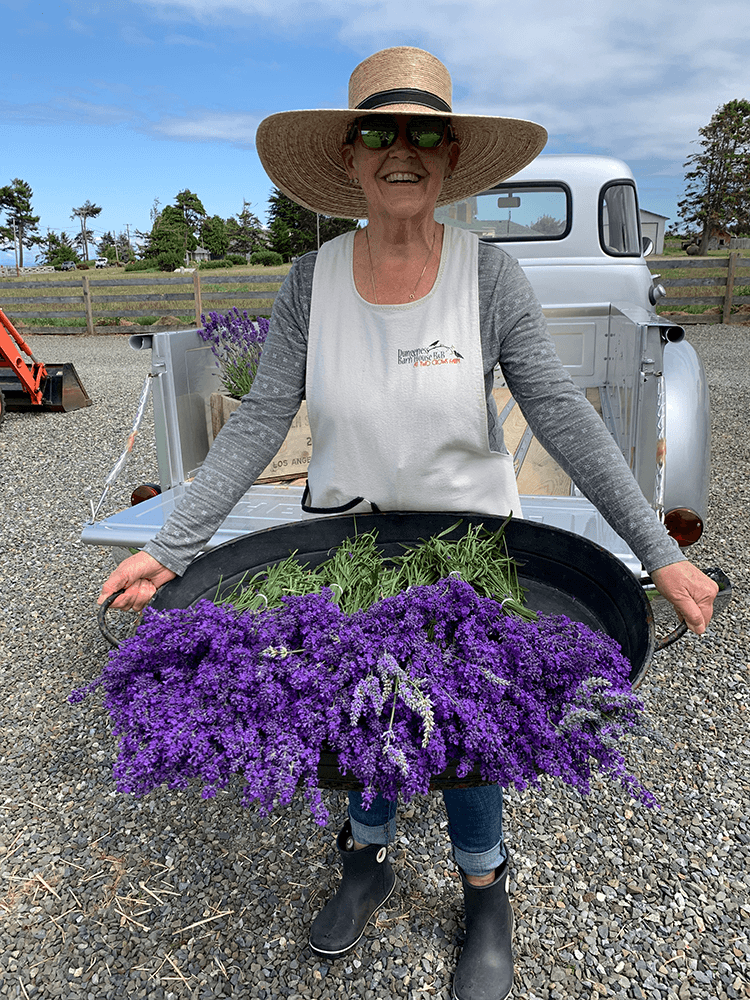 A smiling woman in a sun hat and sunglasses holds a tray of vibrant purple lavender. She stands by a vintage truck on a sunny day, conveying joy and nature.