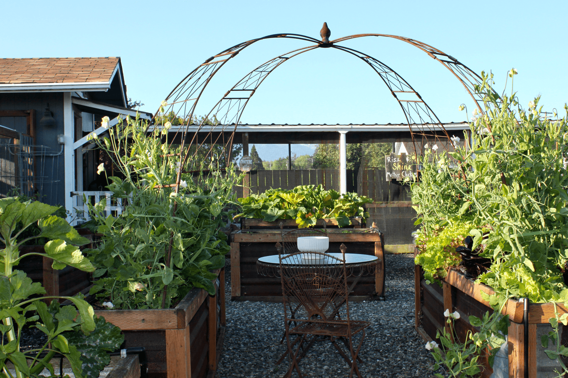 Vegetable garden with raised beds full of lush green plants and a metal archway. A table and chair set sit on gravel, evoking a peaceful, rustic atmosphere.